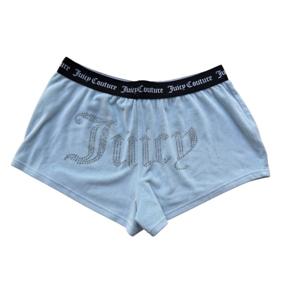 Y2K Juicy Couture Blue Velour Rhinestone Logo Spellout Sleep Shorts Small